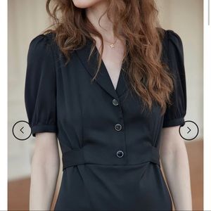 Brand New Simple Retro Raya V-neck Black Midi Dress